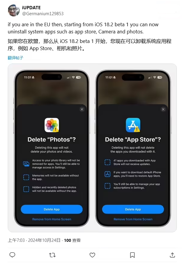 大涌镇苹果手机维修分享iOS 18.2 支持删除 App Store 应用商店 