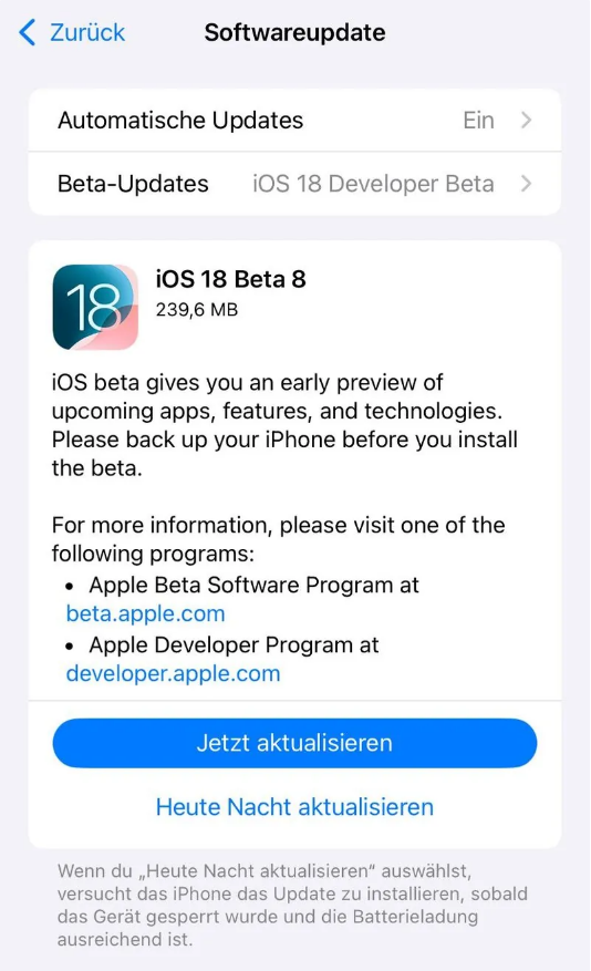 大涌镇苹果手机维修分享苹果 iOS / iPadOS 18 开发者预览版 Beta 8 发布 